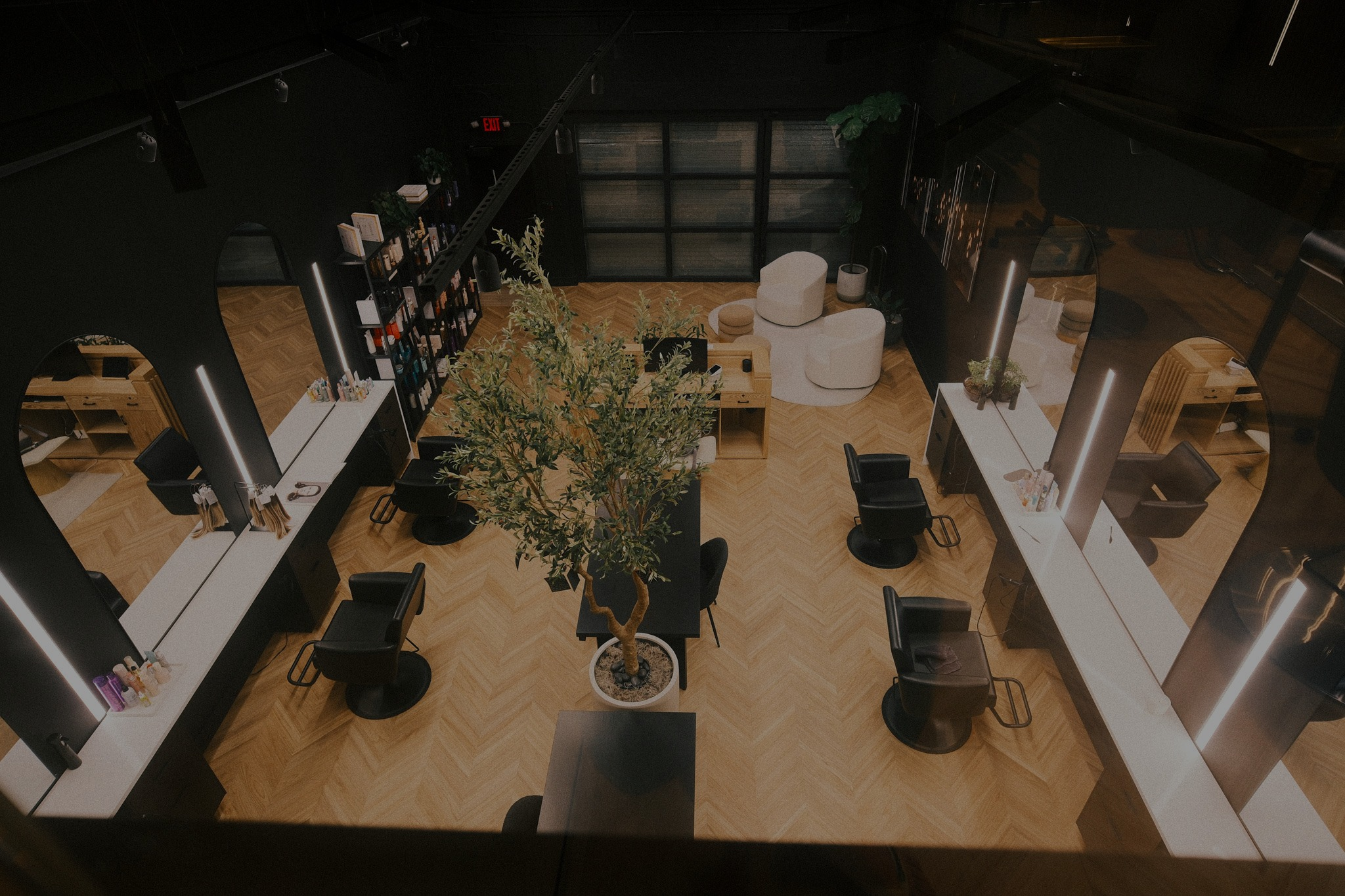 Overhead view of styling stations at Arvel Hair in Miami